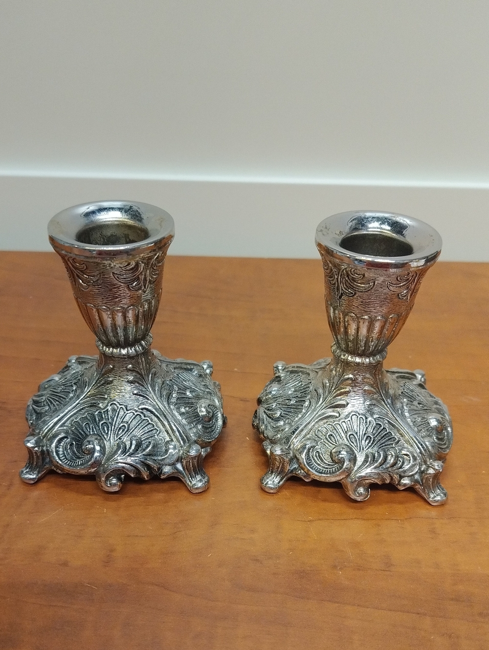 Silver Plated Over Brass Pair of Decorative Candle Holders ( Small Hole in One)